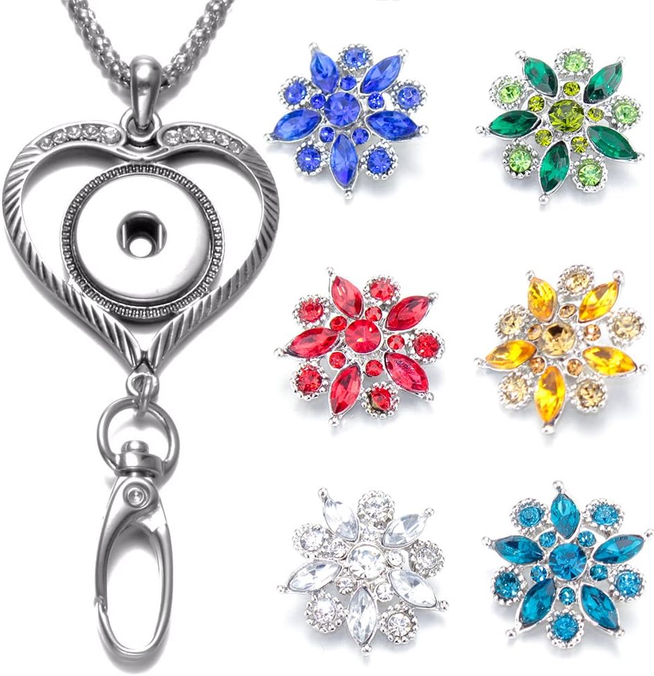 Soleebee 34.3 inches Interchangeable Silver Chain Love Heart ID Badge Lanyard Necklace Bonus 6pcs Alloy Rhinestones Snap Buttons (Five Leaves Rhinestones Flower)