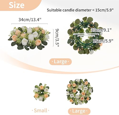 Miniatura 4 de NUPTIO - Anillos para velas y flores artificiales, 6 piezas de 14 pulgadas diámetro, corona de rosas artificiales champaña y blanco, centro de mesa