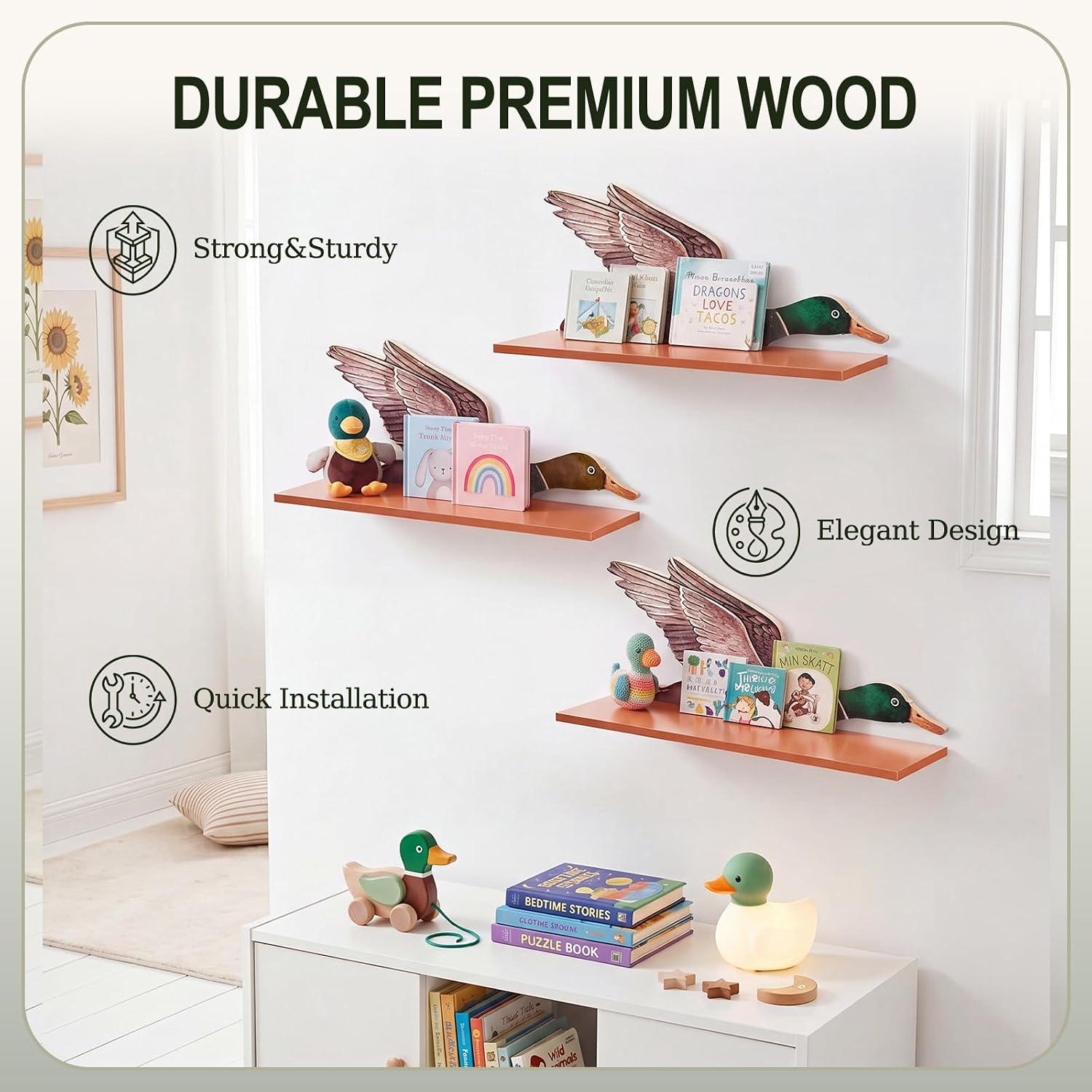 Novabright 3 Pcs Mallard Duck Floating Shelf Set for Kid Room Decor