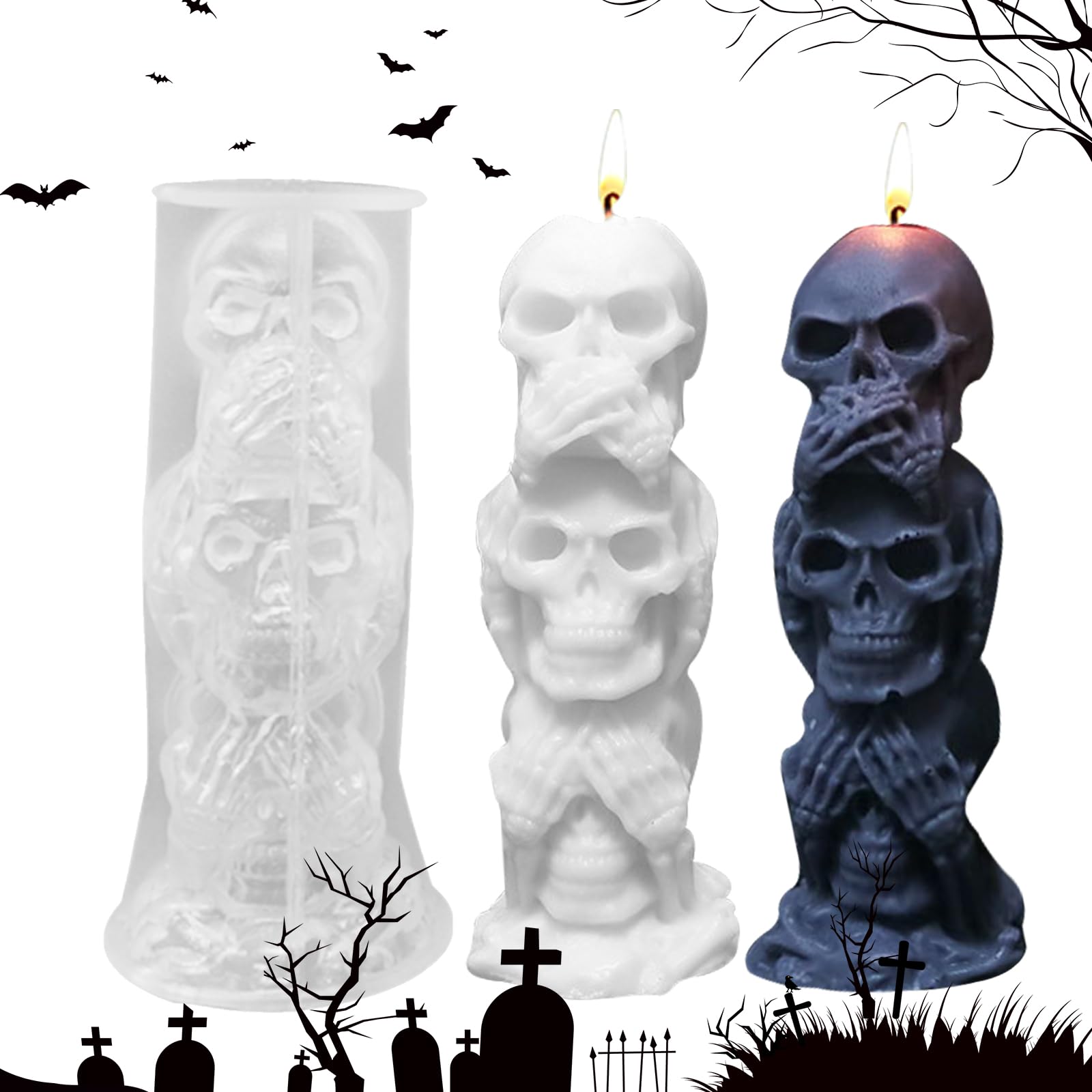 3D Halloween Skull Silicone Mould, Skeleton Candle Mould with Cotton Wax Wicks, Silicone Resin Moulds for Festival Party Decoration Creative Ornaments Handmade Gifts Scented Candles
