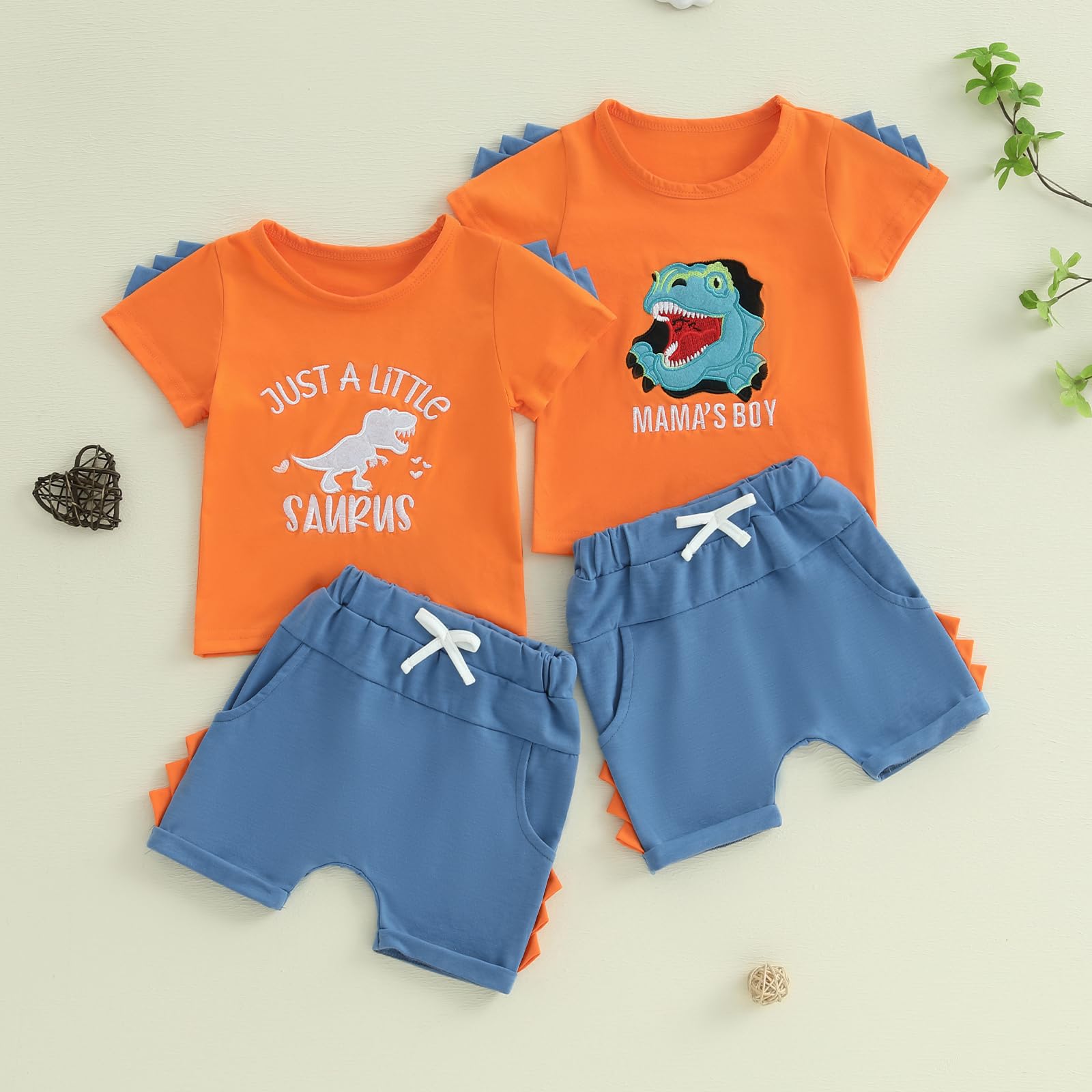 LIOMENGZI Toddler Baby Boy Summer Clothes Dinosaur Embroidery Short Sleeve T-Shirt Elastic Shorts Set Cute Infant Boy Outfits (Blue Orange, 2-3T)