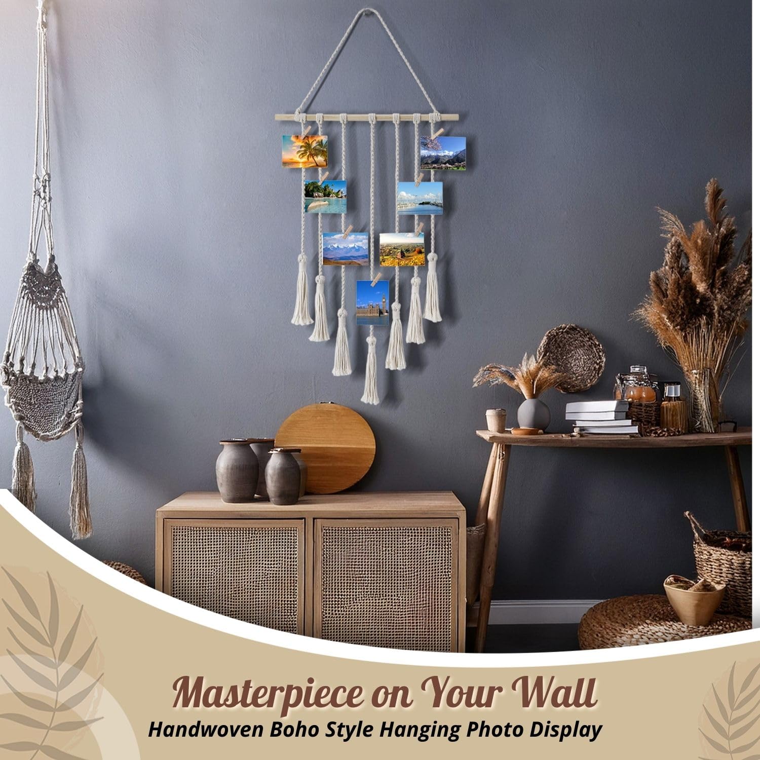 Flexzion Macrame Picture Wall Hanging Display, Polaroid Hanger, Handwoven Boho Photo Hanging Wall Decor - Image 2