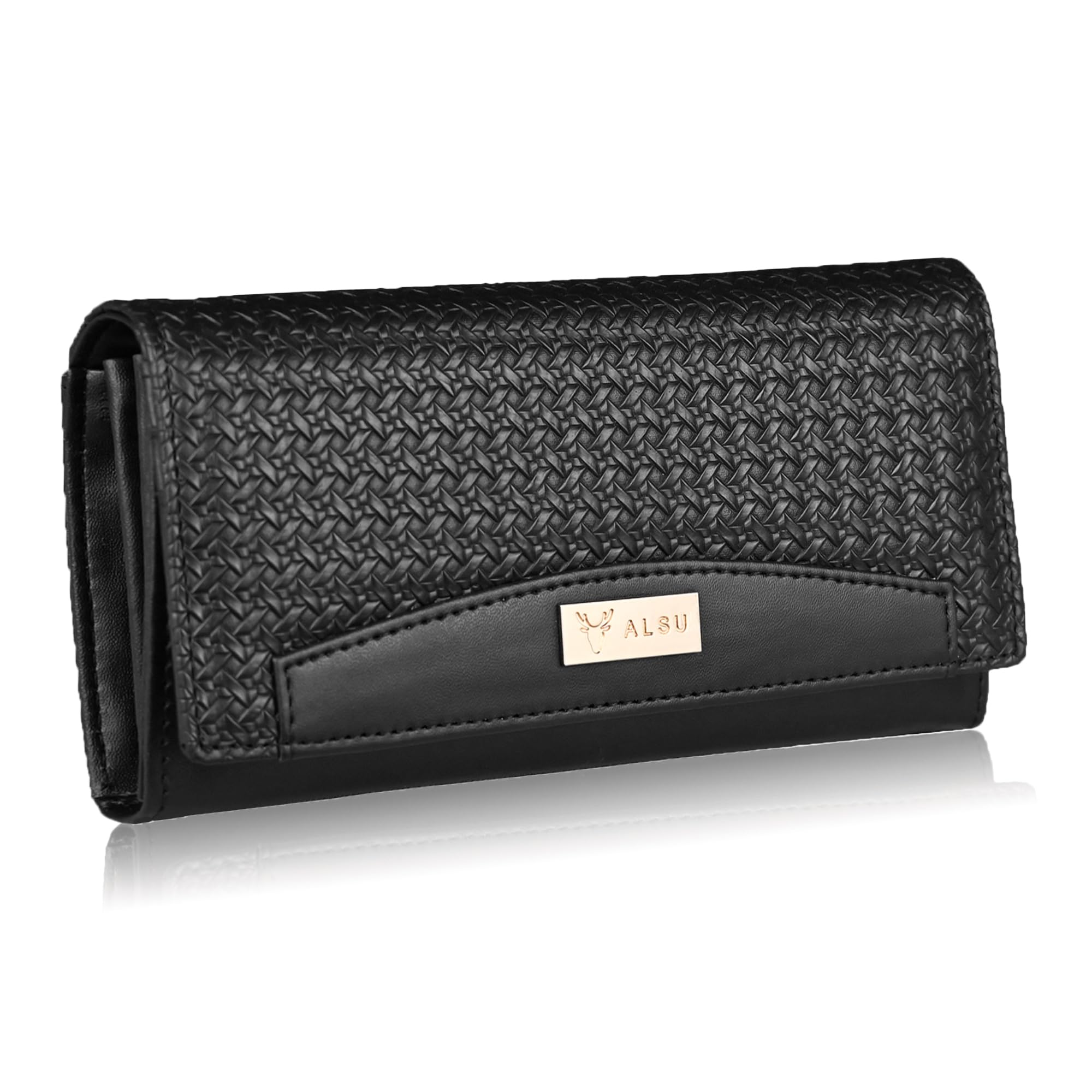 ALSU Premium Vegan Leather Women’s Wallet Black | Elegant Clutch Purse with 6 Card Slots, 3 Main Compartments & Phone Pocket | Designer Wallet for Everyday Use (Black)