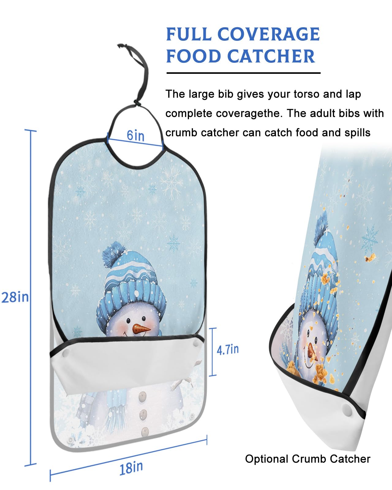 Cute Snowman Adult Bib for Eating with Crumb Catcher,Blue Christmas Snowflake Winter Holiday Washable & Waterproof Terry Cloth Adjustable Elderly Women Men Adult Bibs Funny Apron Clothing Protector