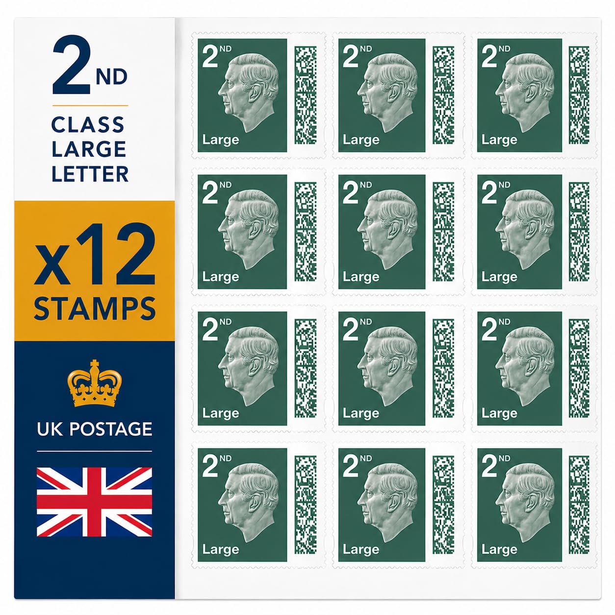 2nd Class Large Letter Stamps - 12 Pack - Self Adhesive Barcoded Postage Stamps - UK Letter, Cards, Documents & Home Office Use