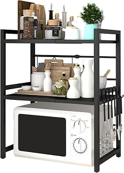 Y YOMA Extendable Microwave Oven Rack, 3 Tier Metal Kitchen Countertop Organizer with 6 Hooks, Adjustable Shelf for Bakers, Holds 60lb, Black