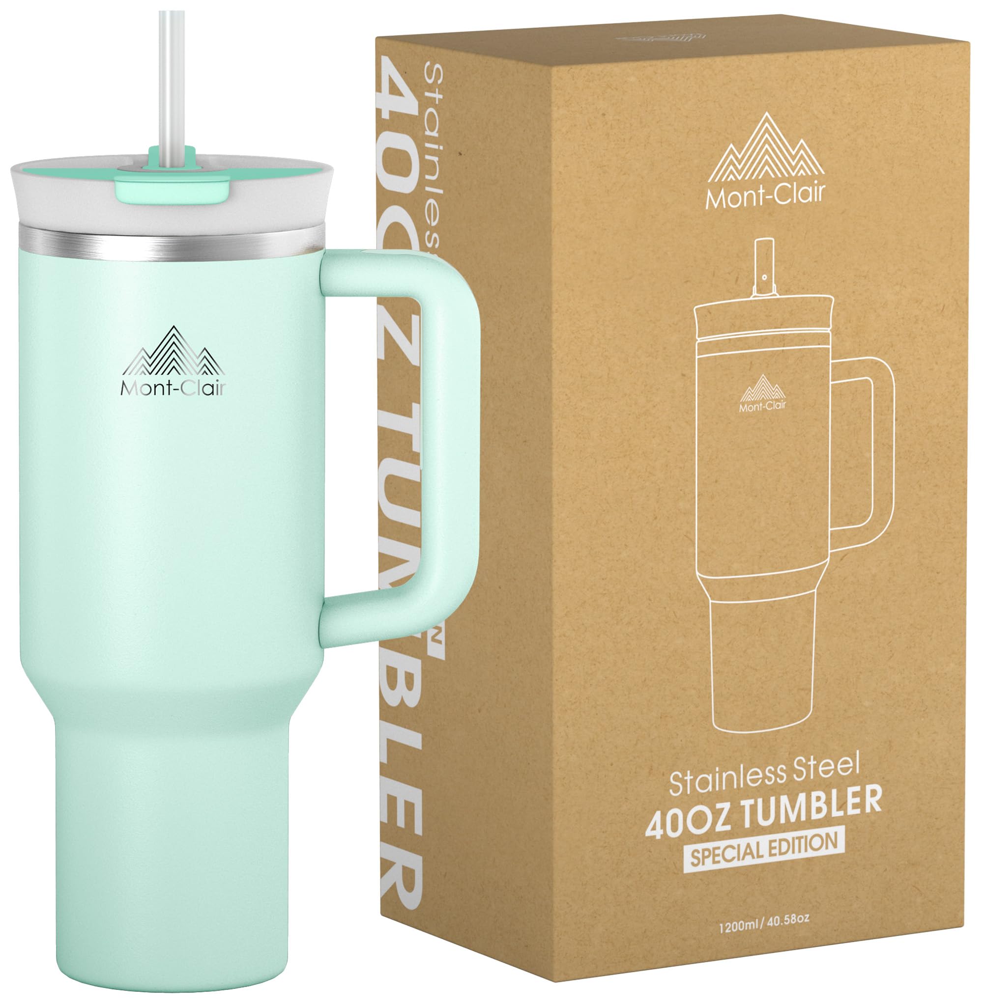 Mont-Clair 40oz Tumbler with Straw and Lid - Leakproof Insulated Stainless Steel Travel Mug with Handle - Travel Mug - Cold or Hot for 10 Hours - Iced for 48 Hours - 1200ml - Matcha Green