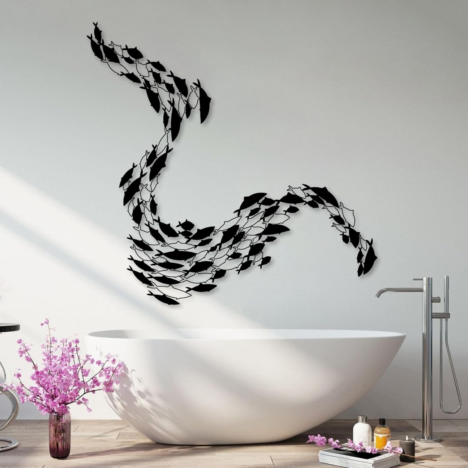 Maclou School of Fish Metal Wall Art, Metal Fish Wall Decor, School of Fish Wall Decor, Coastal Metal Wall Art, Wall Decor for Bathroom, Living Room, Bedroom (Black,19"x18" / 47x46cm)