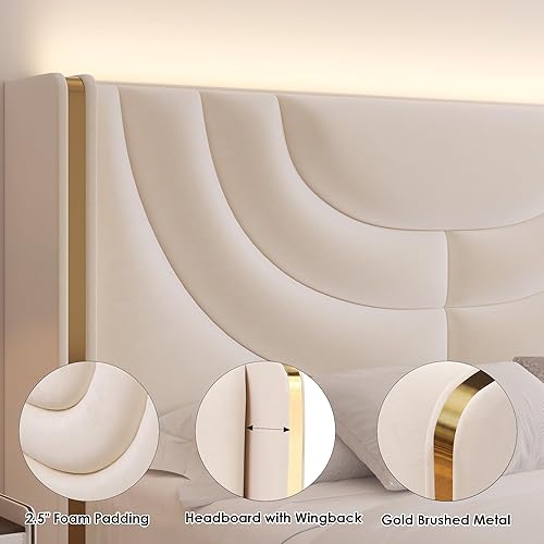 Miniatura 5 de HITHOS Base de cama LED tapizada de tamaño matrimonial con 2 cajones de almacenamiento, plataforma de terciopelo con cabecera con respaldo de ala,
