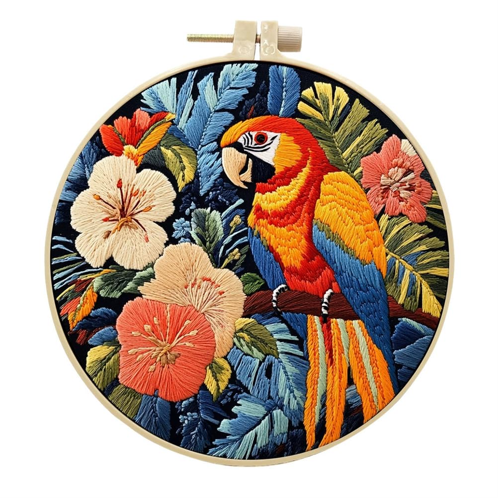 Meecaa Parrot 2 Parrot Animal Flower Leaves Embroidery Kit Starter Set, Hand Embroidery Set,Pattern Printed Cross Stitch Set For Beginner Adults, With Embroidery Hoop And Instructions (Parrot 2)