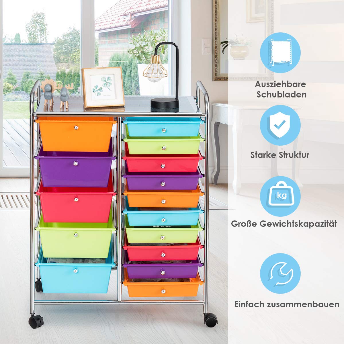 COSTWAY Rollwagen mit 15 stapelbaren Schubladen (Bunt)