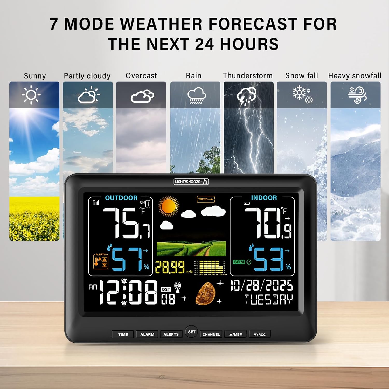 BluSon Weather Station Wireless Indoor Outdoor Thermometer, Color Display Digital Temperature Humidity Monitor with Atomic Clock, Weather Forecast, Adjustable Backlight, Home Weather Statio, Black - Image 2
