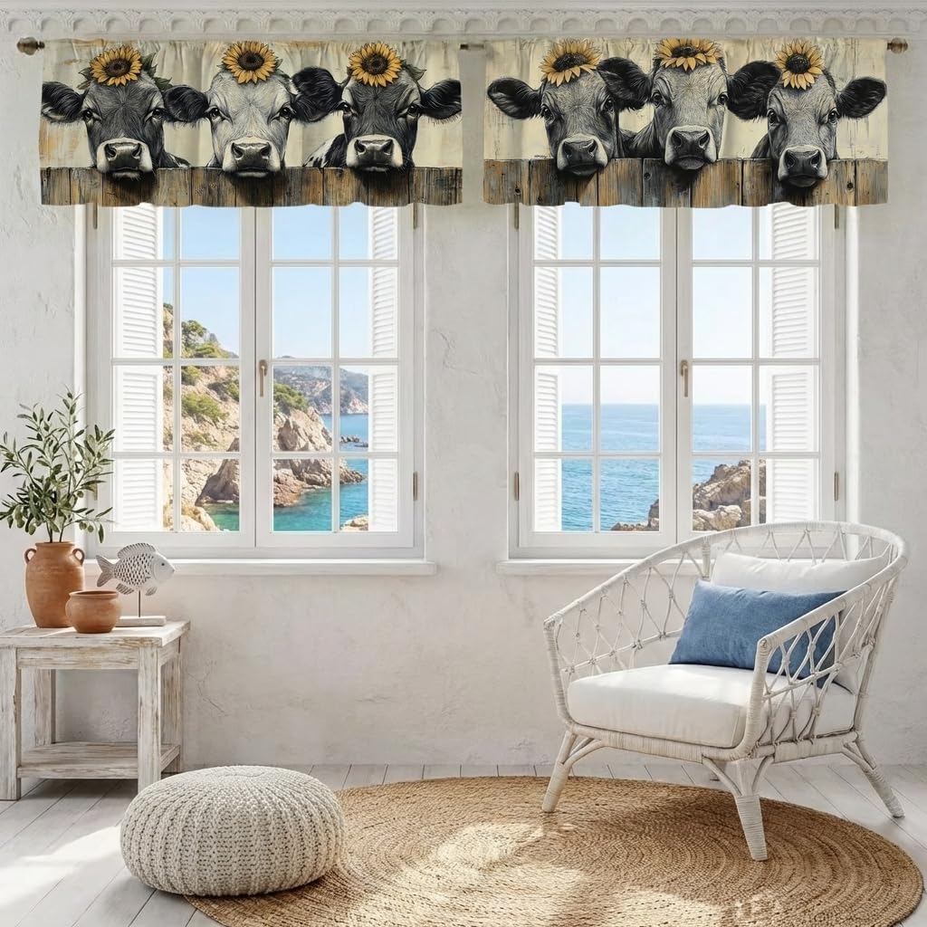 Beach Ocean Curtain for Windows 2 Pack,Tropical Palm Shell Sailboat Rod Pocket Window Treatments Short Curtains for Kitchen Windows Bathroom Bedroom 54x18 (Sunflower Cow)