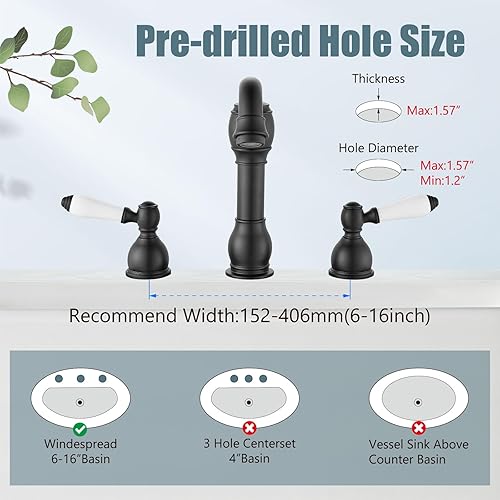 Miniatura 3 de Aolemi Grifo de lavabo de baño de 8 pulgadas, color negro mate, mango de cerámica doble, 3 agujeros, montaje en cubierta, mezclador con montaje de