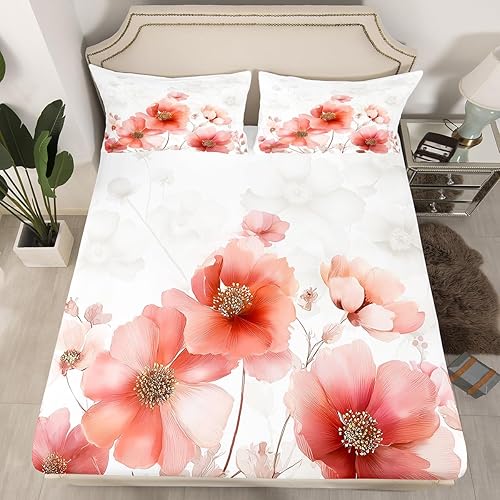 Miniatura 4 de Manfei Sábana bajera ajustable de flores rosas tamaño matrimonial, juego de ropa de cama floral acuarela de 3 piezas para niños, niñas, adolescentes