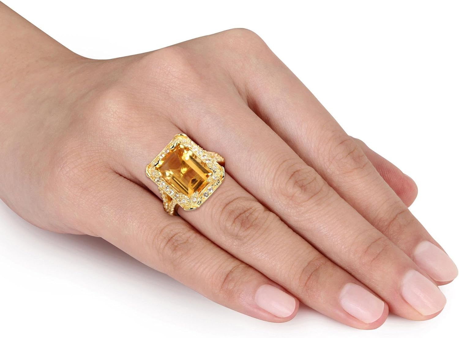 Octagon Citrine, White Topaz and Diamond Halo Gold Tone Ring 1/20ctw