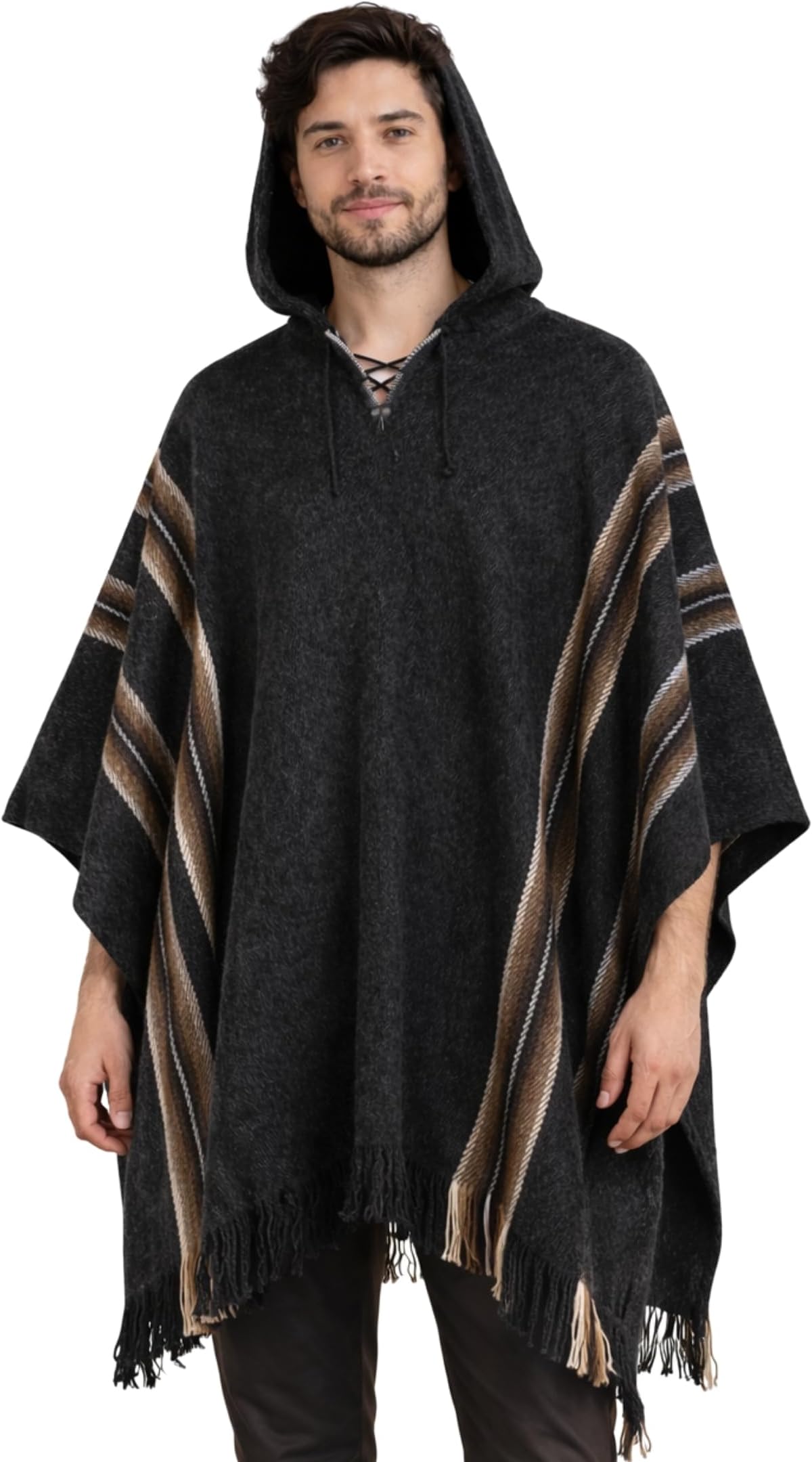 Alpaca Wool Poncho for Mens Pancho with Hood Cowboy and Western Style Adult Ponchos