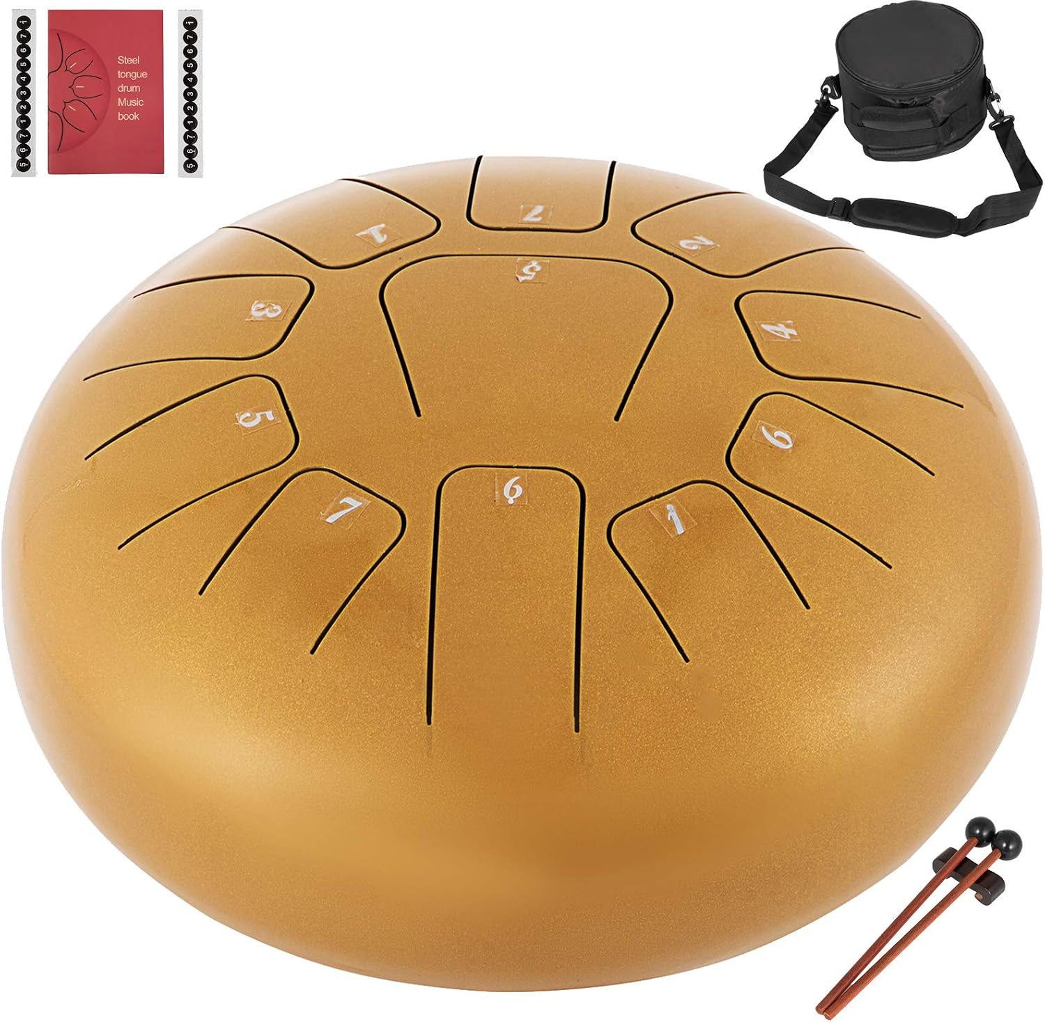 Happybuy Steel Tongue Drum 11 Notes 12 Inches Dia Tongue Drum Gold Handpan Drum Notes Percussion Instrument Steel Drums Instruments with Bag, Music Book, Mallets,Mallet Bracket