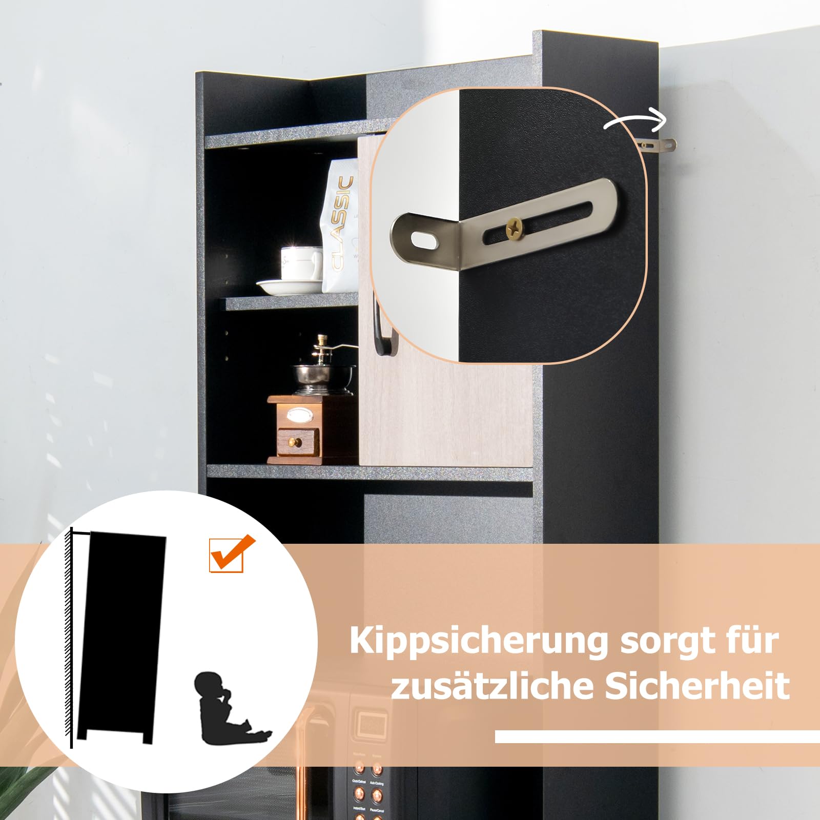 GIANTEX Küchenschrank Buffetschrank Küche, Mehrzweckschrank 60cm Breit, Mikrowellenschrank Hoch 180cm, Aufbewahrungsschrank mit Schublade & verstellbaren Einlegeböden, Hochschrank mit Kippsicherung
