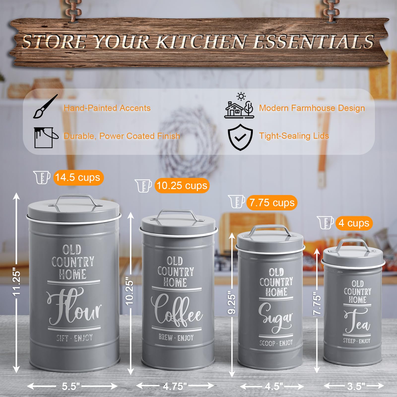 DAYYET Graue Dosen-Sets für die Küche, luftdichte Küchenbehälter für Arbeitsplatte, Mehl- und Zuckerbehälter, Tee-, Kaffee-, Zuckerdosen-Set, graue Küchendekoration und Zubehör, 4er-Set