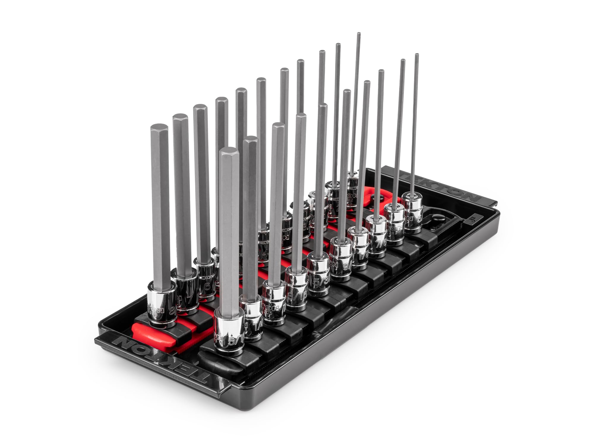 TEKTON Zestaw nasadek sześciokątnych 1/4 cala z szynami i tacą, 21-częściowy (5/64-5/40.6 cm, 2-8 mm) | SHB90206