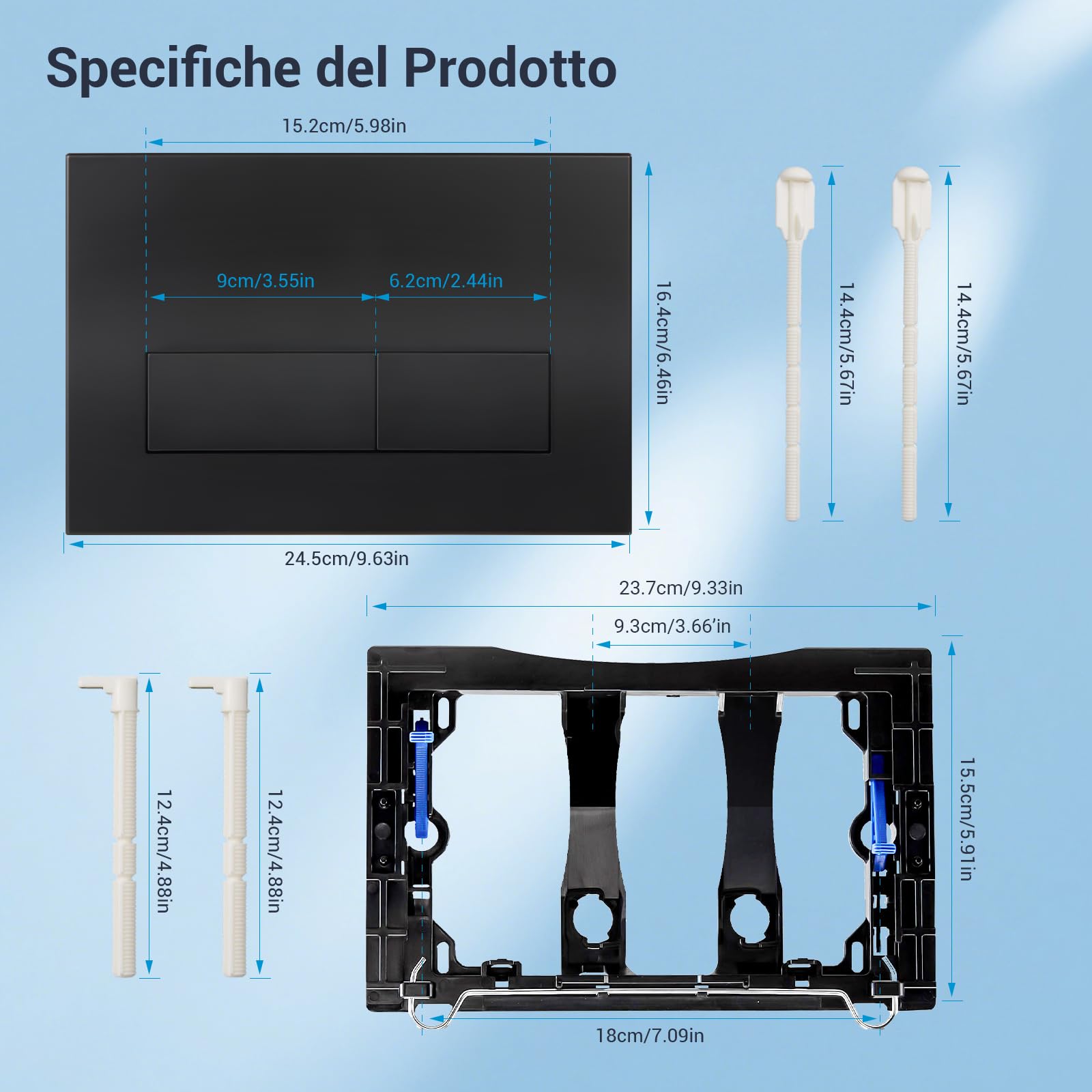 Placca di Comando WC, Compatibile con Geberit Sigma, UP300 e UP320, Piastra Doppio Scarico, Dimensioni 246×164 mm, Completa di Set di Leve di Scarico e Telaio di Montaggio,Opaco(Nero).