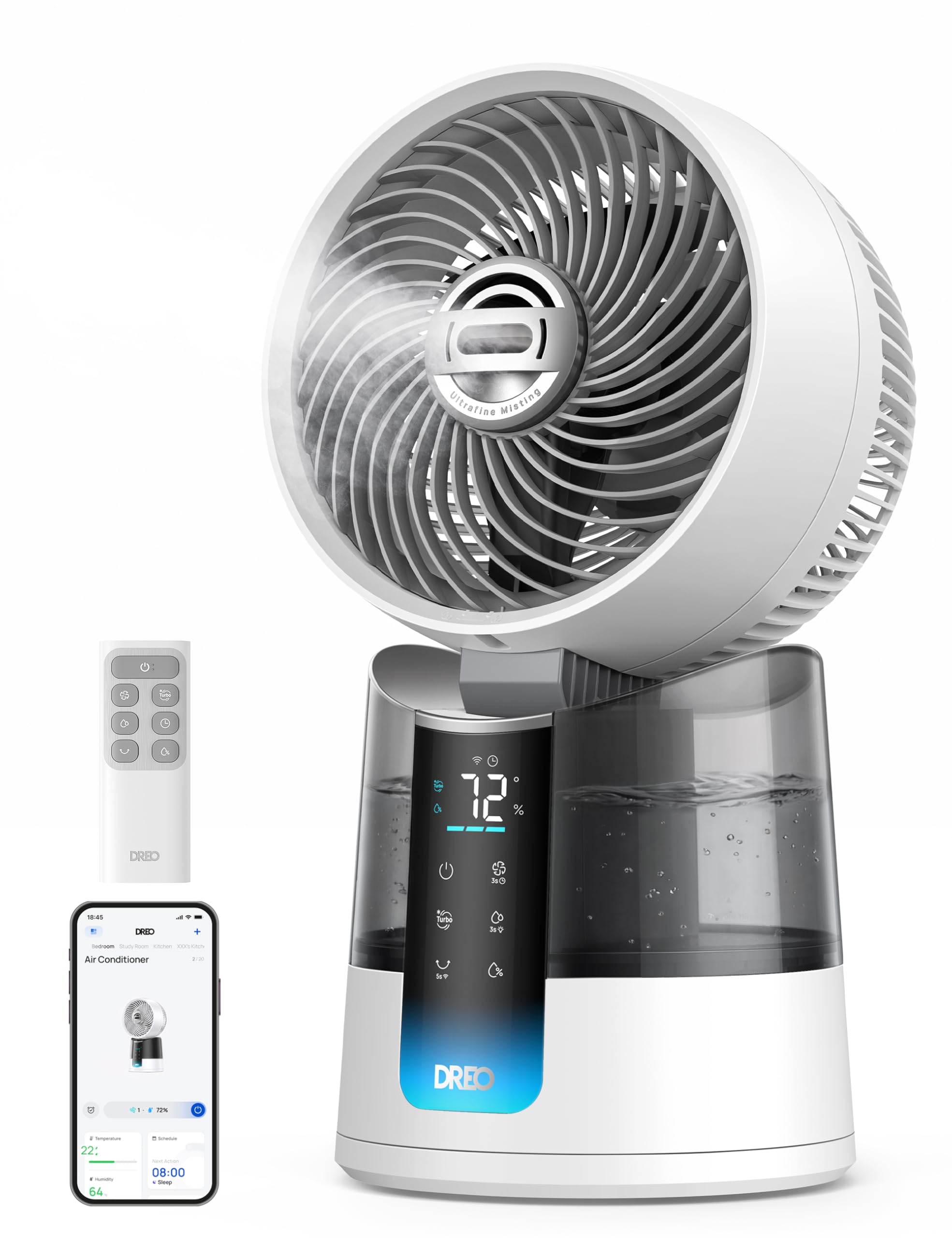 DREO TurboCool Misting Fan 516S, 150°+30° Omni-directional Oscillating Smart Cooling Fans that Blow Cold Air, 26 ft/s, Ultrafine Mist, 20dB, 1.3L, 6 Speeds 2 Modes, Remote & APP Control, Indoor, White