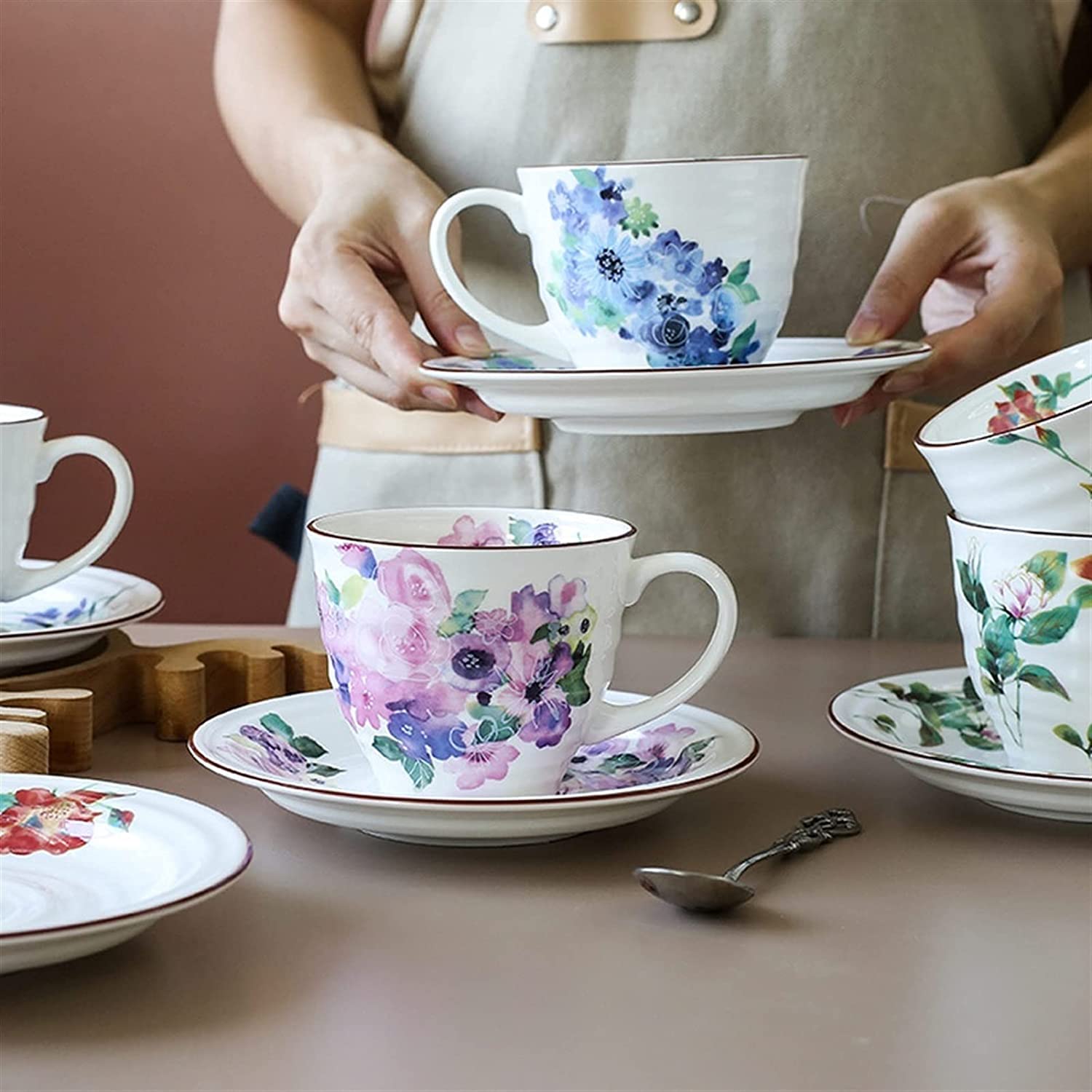 Ceramiczny Zestaw Filiżanek Do Kawy I Spodków Z Uchwytem 7,77 Uncji/230 Ml Duża Filiżanka Do Espresso, Filiżanka Do Mleka, Filiżanka Do Soku,Pink