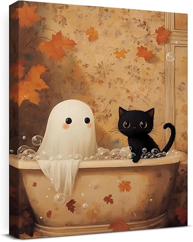 QPVXSST Bonito arte de pared de Halloween con un gato fantasma y un fantasma en la bañera, póster impreso en lienzo, obra de arte para colgar en la