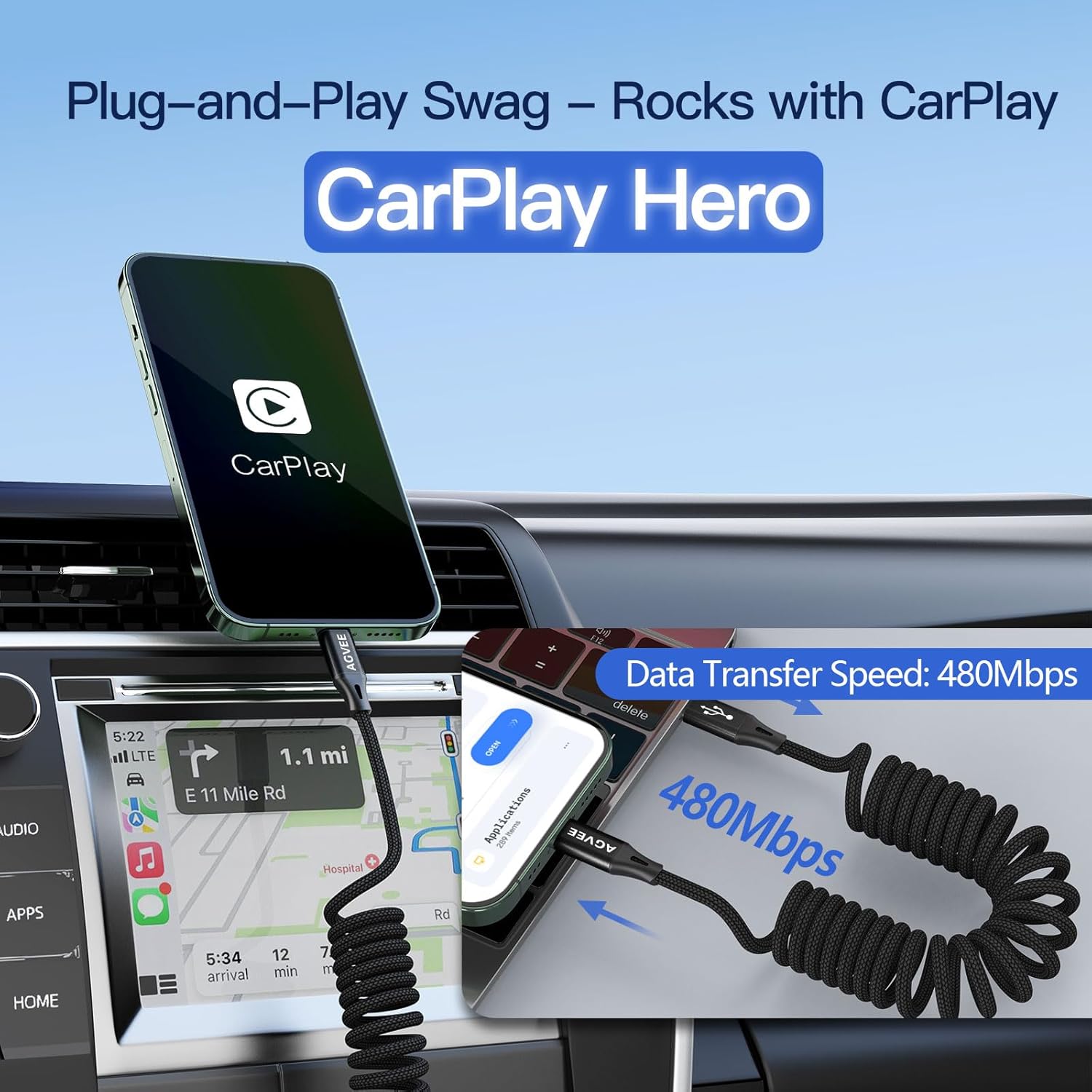 iPhone connected to a car's infotainment system via AGVEE cable for CarPlay, showing data transfer speed.