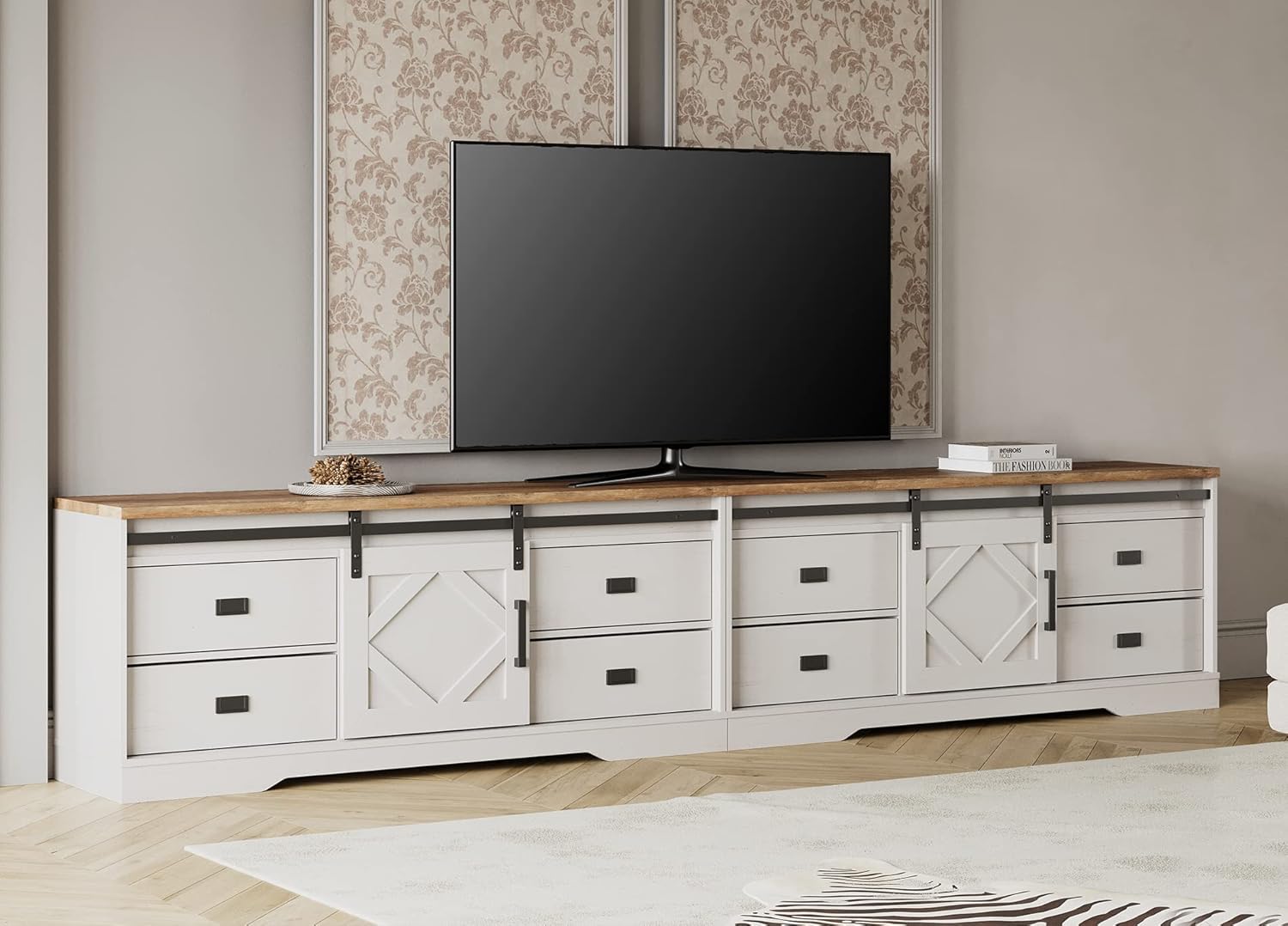 WAMPAT 118" Wide Modern Farmhouse 2 in 1 TV Stand for up to 130" TVs,Faux Bark Finish Wood Entertainment Center with 8 Drawers and Sliding Barn Doors for Living Room, Antique White