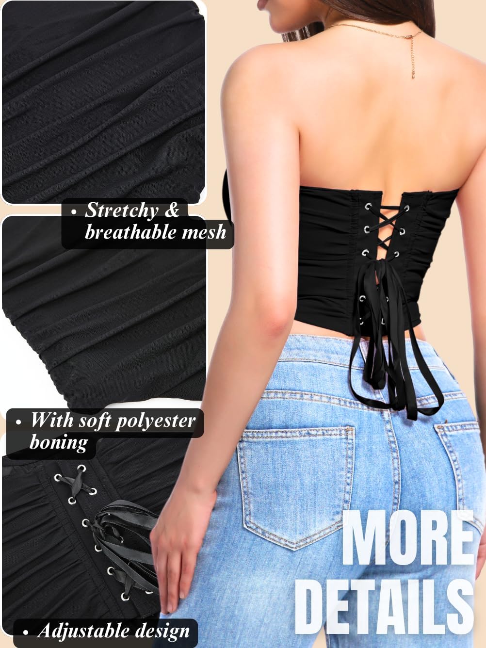 Women's Adjustable Lace-Up Corset Top, Fit Sizes 00-14, Boned Ruched Mesh - Image 3