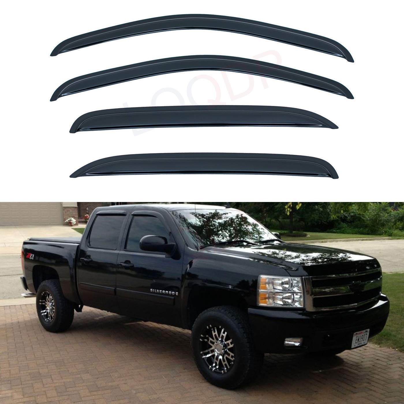 LQQDPSet of 4 Front+Rear Smoke Sun/Rain Guard Outside Mount Tape-On Acrylic Window Visors Compatible with 07-14 Avalanche Suburban Yukon XL Silverado Sierra 1500 2500 3500 HD Crew Cab