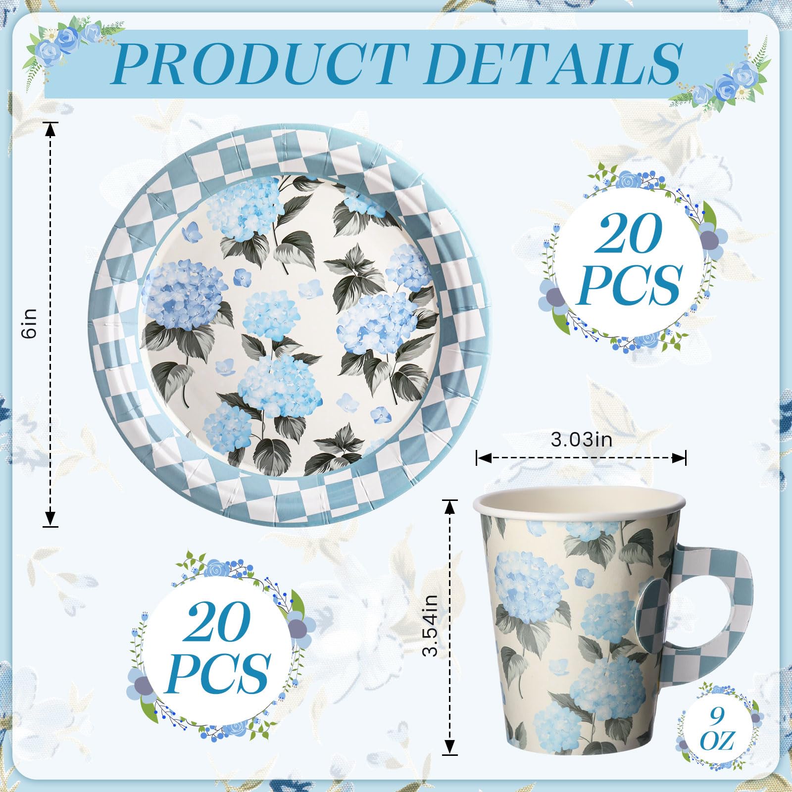 Rtteri 20 Sets Floral Tea Cups and Saucers Disposable Tea Party Decorations Blue White Hydrangea Paper Cups with Handles and Plates for Weddings Birthday Baby Shower Party