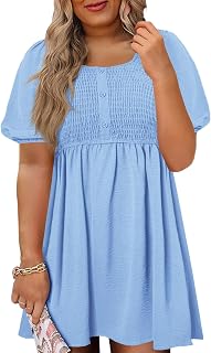 Women's Plus Size Smocked Summer Dress Casual Button Puff Sleeve Scoop Neck A-Line Beach Mini Dress