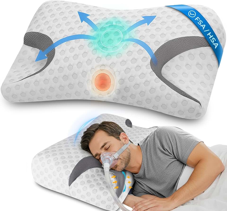 Almofada CPAP para pessoas que dormem de lado – serve para todos os tipos de máscara CPAP – Espuma viscoelástica ajustável HSA/FSA com recortes contornados para dorminhocos laterais, costas e estômago