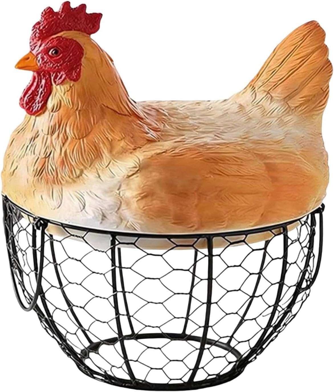 Wire Egg Basket - Vintage Farmhouse Metal Storage, Ceramic Hen Lid Cover, Decorative Kitchen Countertop Organizer, Hen Shaped Countertop Display, Metal Mesh Gathering Bin for Farm Easter Desktop