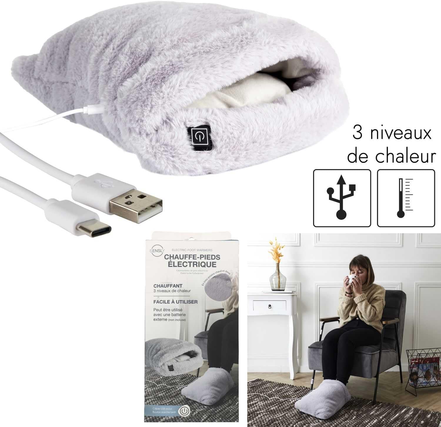 SB0016 Grey USB Foot Warmer, Soft and Fluffy Comfort, 3 Heat Intensities, Easy to Use, Continuous Heat for Tired Feet, Elegant and Practical Design