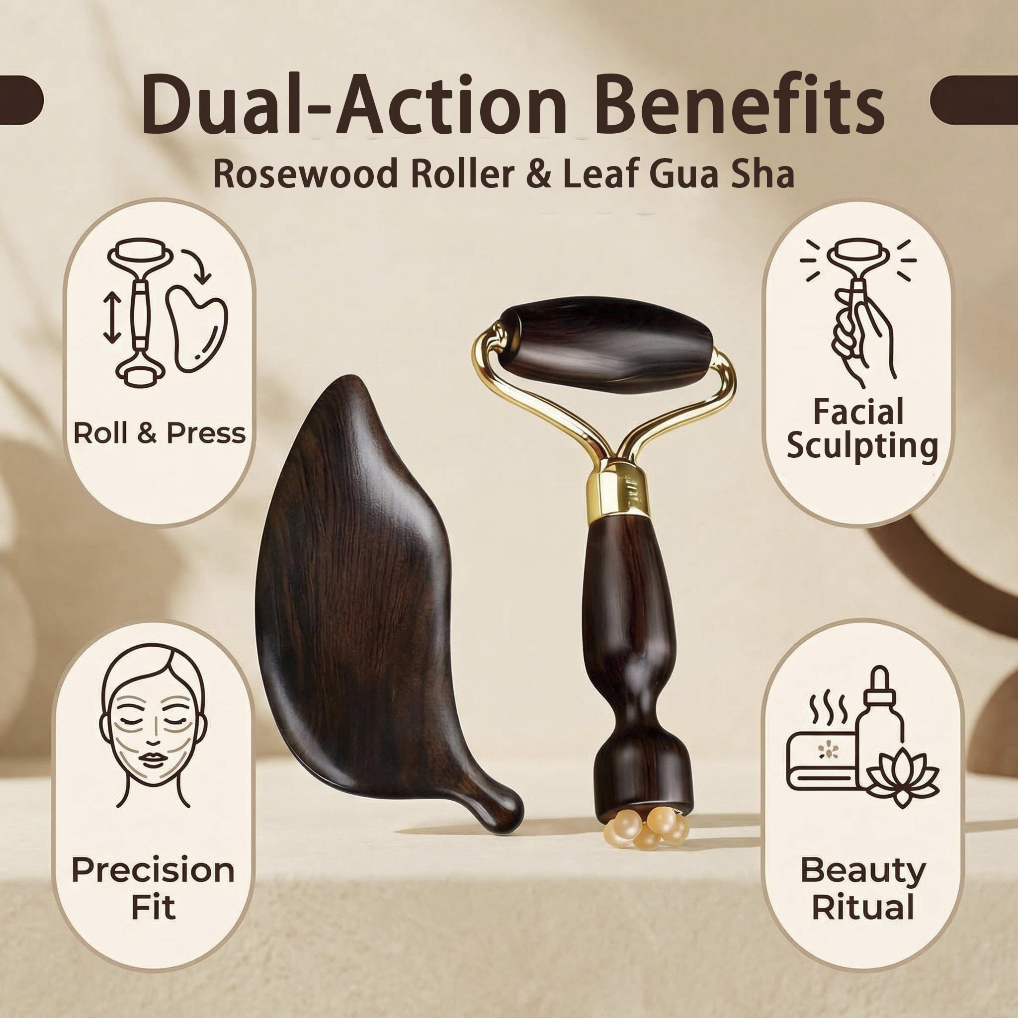 Lila Sandelholz Gesichtsroller & Gua Sha Set - Holz Gesichtsmassageroller mit blattförmigem Gua Sha Board, Multifunktionales Modellier- & Entspannungswerkzeug, Luxus-Geschenkbox (Gua Sha Roller