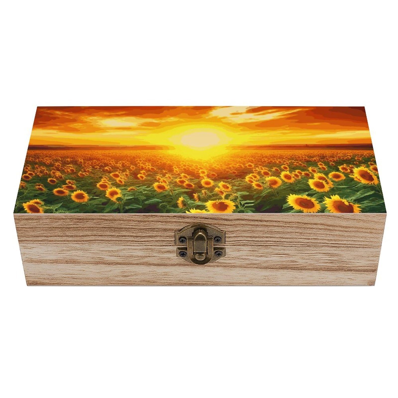 Dreamlike Sunset Of A Sunflower Field Wooden Storage Box Exquisite Durable Wood Gift Case Sturdy Vintage Jewelry Wooden Chest for Art Hobbies Storage Keepsake Gift