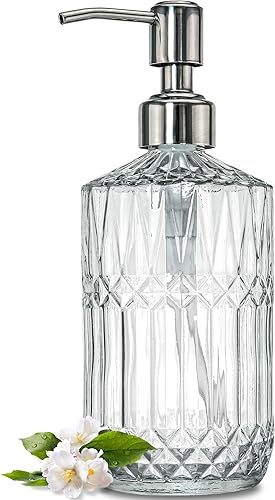 JASAI Dispensador de jabón de vidrio transparente en relieve de 18 onzas con bomba a prueba de óxido, dispensador de jabón para platos recargable