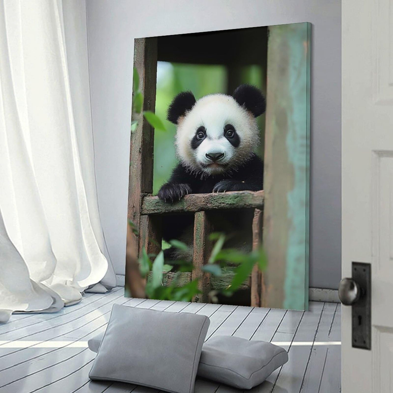 Junmoney Cute Panda Cub Peeking Out Wall Decor Canvas Print, 16x24inch(40x60cm), for Small Homes, Bedrooms Or Open Spaces, Wall Decor with Flexible Room Appeal