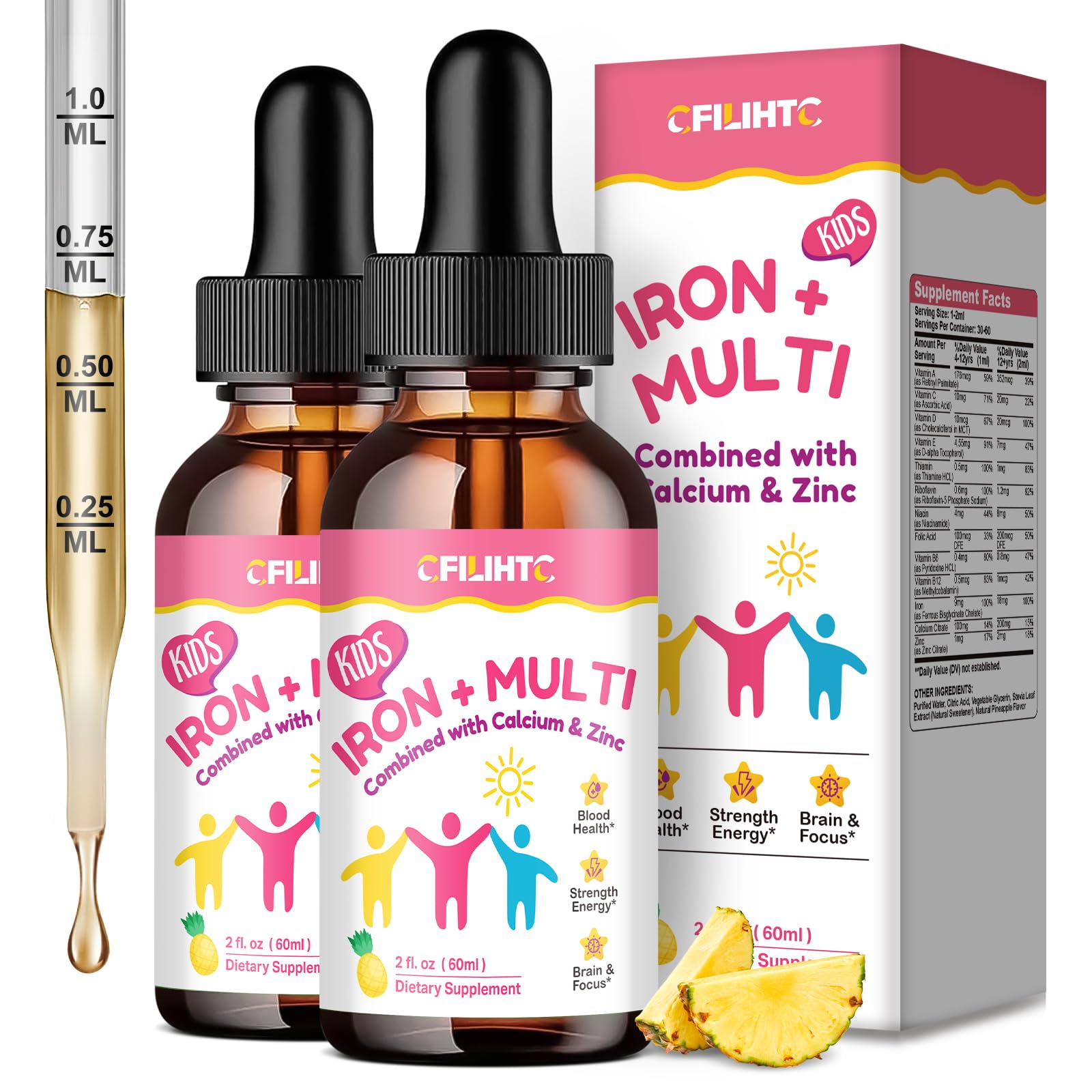 Liquid Iron Supplement for Kids, Women & Men - with Calcium, Zinc, Kids Multivitamin with Iron Drops - Blood Builder & Energy Support for Iron Deficiency, Anemia, Pineapple Flavor 4 Fl Oz Pineapple 2 Fl Oz (Pack of 2)
