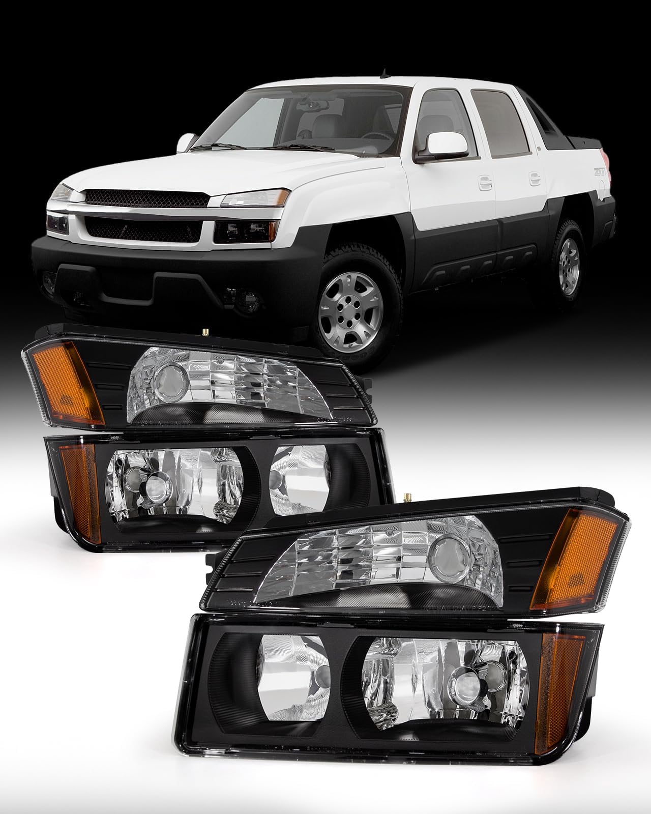 Headlight Assembly Compatible with Chevy Avalanche 2002-2006 1500 2500 Headlamp Black Housing Amber Reflector Clear Lens Replacement Pair (Fits Body Cladding Models)