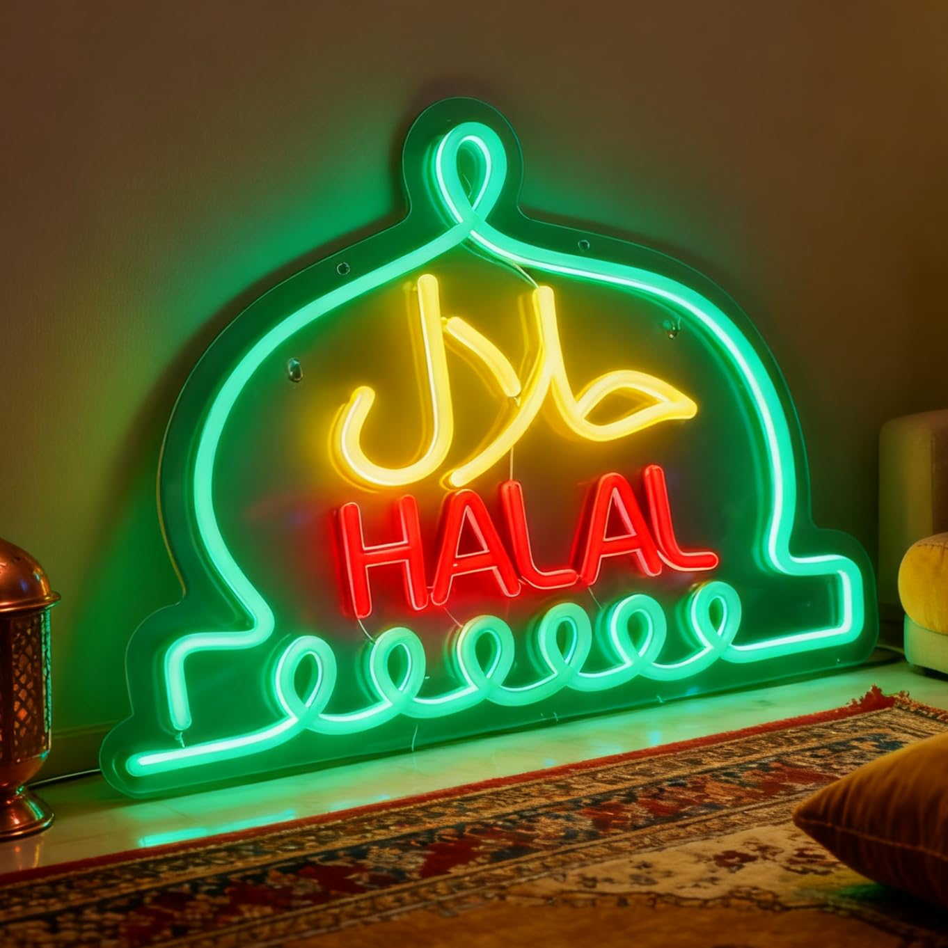 Halal Arabic Text Neon Sign, USB Powered Decorative Light for Halal Restaurant Cafe Home Wall Table Decor, Led Light Up Signs for Business Store, 16.1 x 13.8 In