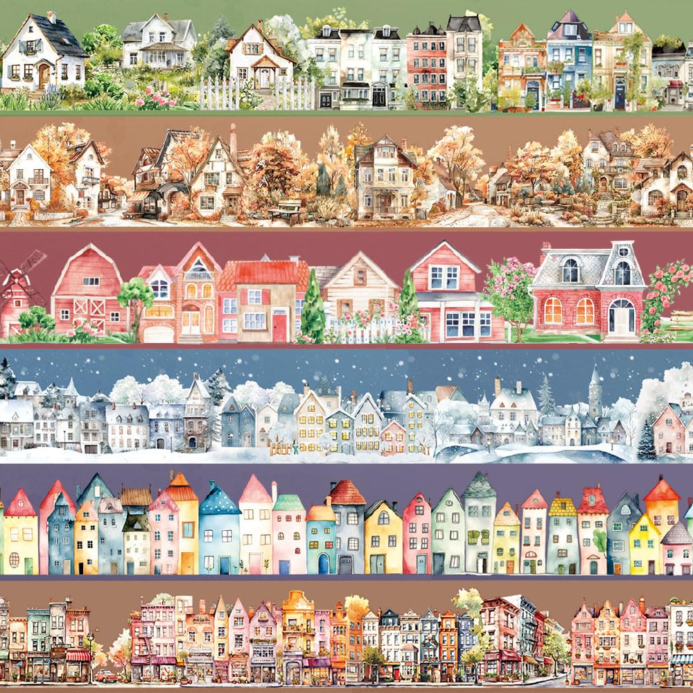 Town Landscape PET Tape Scrapbook Supplies Vintage Town Building Decorative Tape Scrapbook Stickers Aesthetic House Building Washi Tape Stickers For Scrapbooking Junk Journal Journaling Supplies