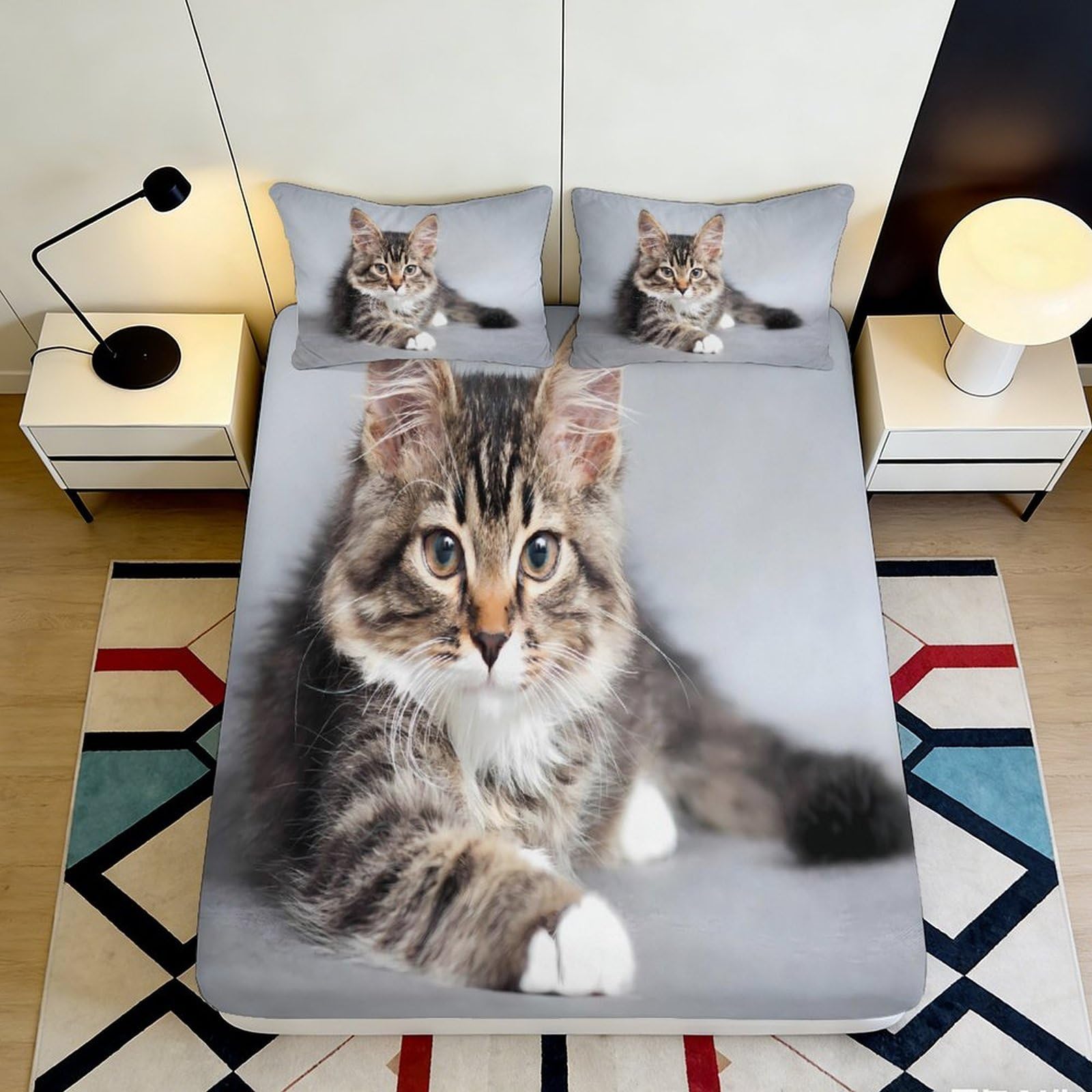 3D Printed Fluffy Tabby Cat Fitted Sheet Microfiber Soft Bedroom Decor Realistic Kitten Mattress Cover Grey 90x200x25cm