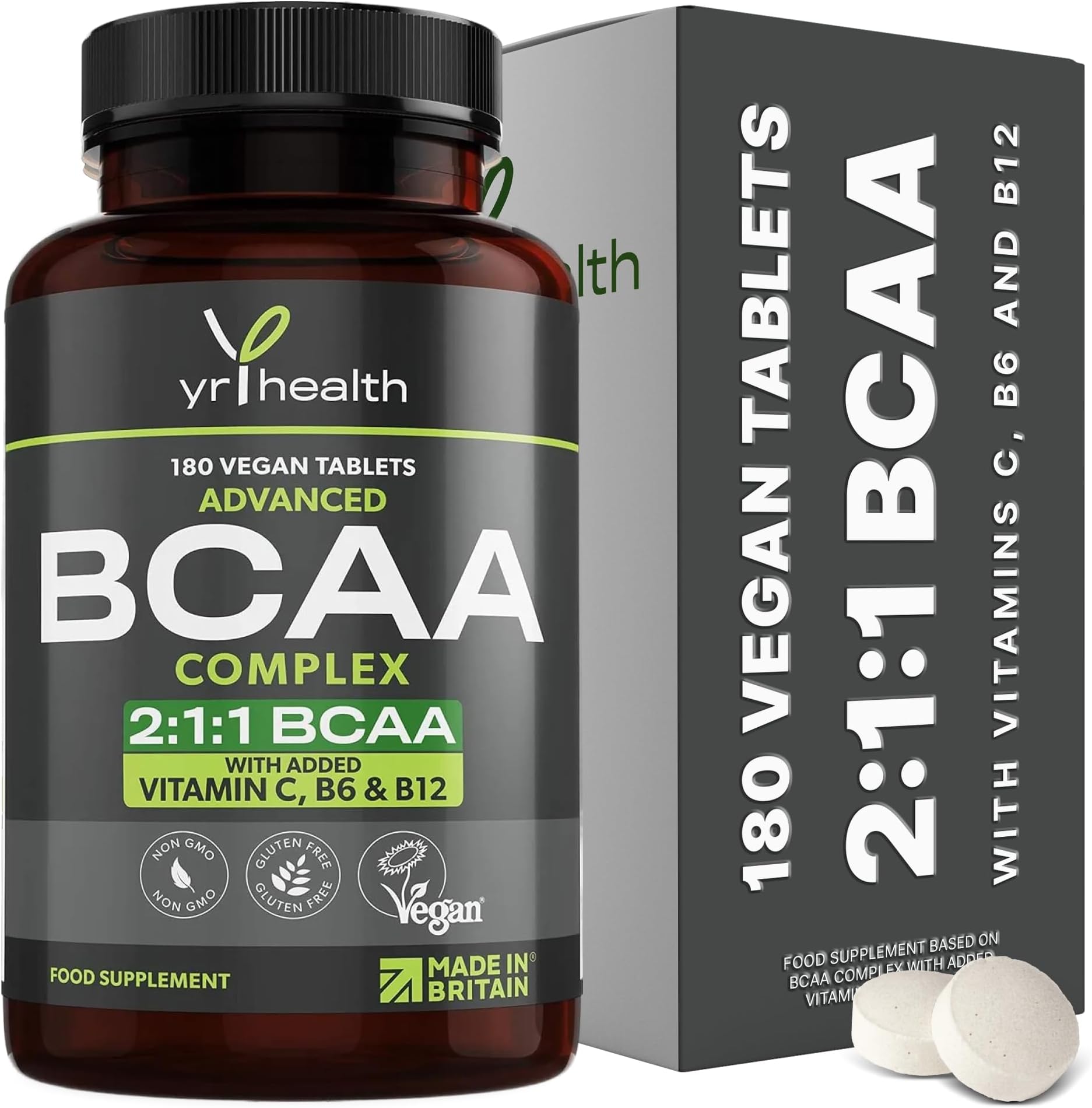 Vegan BCAA Tablets 1500mg - 2:1:1 BCAAs Branch Chain Amino Acids L-Leucine, L-Isoleucine, L-Valine with Vitamin B6, C & B12 - 180 Protein Tablets not Capsules - Made in The UK