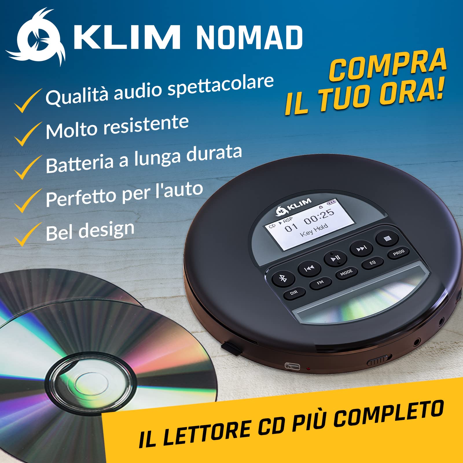 KLIM Nomad Lettore CD Portatile Bluetooth Radio FM MP3 SD