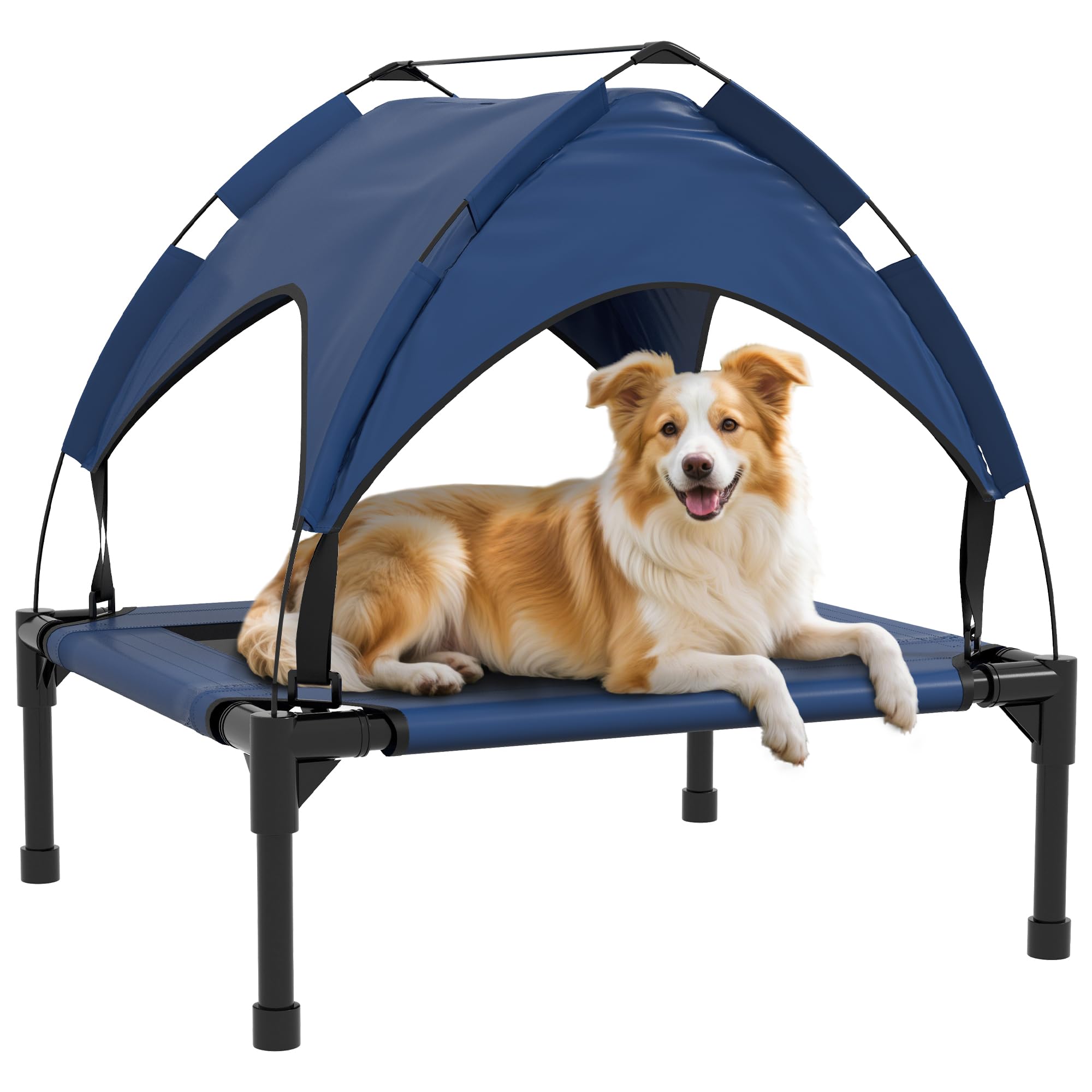 PawHut Erhöhtes Hundebett mit Baldachin, Haustierbett, Outdoor Hundeliege mit Dach, Atmungsaktiv, für kleine und mittelgroße Hunde Dunkelblau Oxford 76 x 61 x 69,5 cm